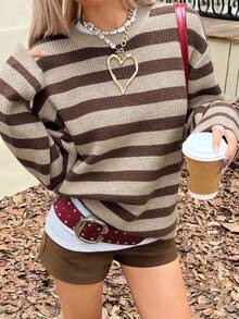 DAZY Suéter feminino casual de gola redonda com listras coloridas, ideal para outono/inverno. - Castanho - Ver 1