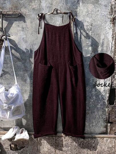 Linhara Plus Size Summer Solid Color Dual Pocket Tie Shoulder Jumpsuit