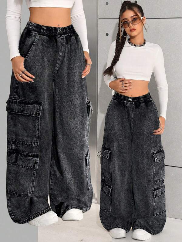 Teen Girls Fashion Casual Y2k Vintage Cool Street Returns To School College Adjustable Elastic Waistband And Multi-Pocket Design Black Denim Loose Workwear Jeans For Teen Girl Clothes Teen Girls Dailywear And Teen Girl Winter And Fall Rave Outfits Festival And Outfits Streetwear Clothes