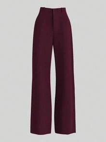Franclia 2pcs Set: Waist Cinched Shirt & Wide Leg Pants, Slimming Design, Lapel Collar - Burgundy - View 4