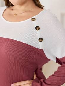 Lacomfia Váy len Waffle họa tiết khối màu cho nữ, cài nút vai, tay dài, dáng rộng thanh lịch cỡ lớn - Đỏ và trắng - Xem 3