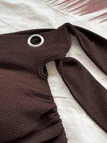 Soleia Blusa ajustada con detalle de ojales, cuello asimétrico con nudo, estilo minimalista y de calle, unicolor, para mujer en verano - Marrón - Ver 2