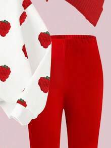 2 件年轻女孩休闲时尚甜美可爱草莓印花白色圆领运动衫和红色紧身裤套装，秋冬女童运动衫和裤子两件套，圣诞红色运动衫套装 - 彩色 - 查看 5