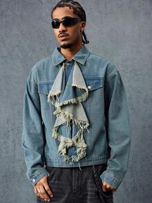 ROMWE MEN Goth 男士嘻哈荷叶边领牛仔夹克 - 藍色 - 查看 5