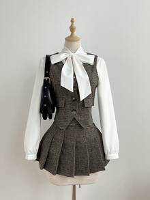 Elamini Bộ áo và chân váy midi xếp ly 2 trong 1 họa tiết răng sói thanh lịch dành cho nữ, trang phục thường ngày dài tay đa năng, mùa thu/đông - Màu Khaki - Xem 1