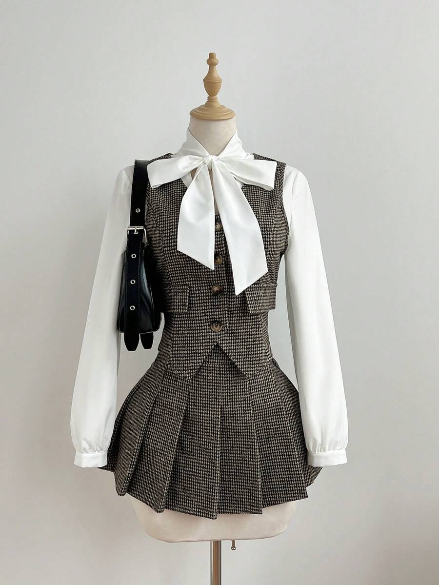 Elamini Bộ áo và chân váy midi xếp ly 2 trong 1 họa tiết răng sói thanh lịch dành cho nữ, trang phục thường ngày dài tay đa năng, mùa thu/đông - Màu Khaki - Xem 1