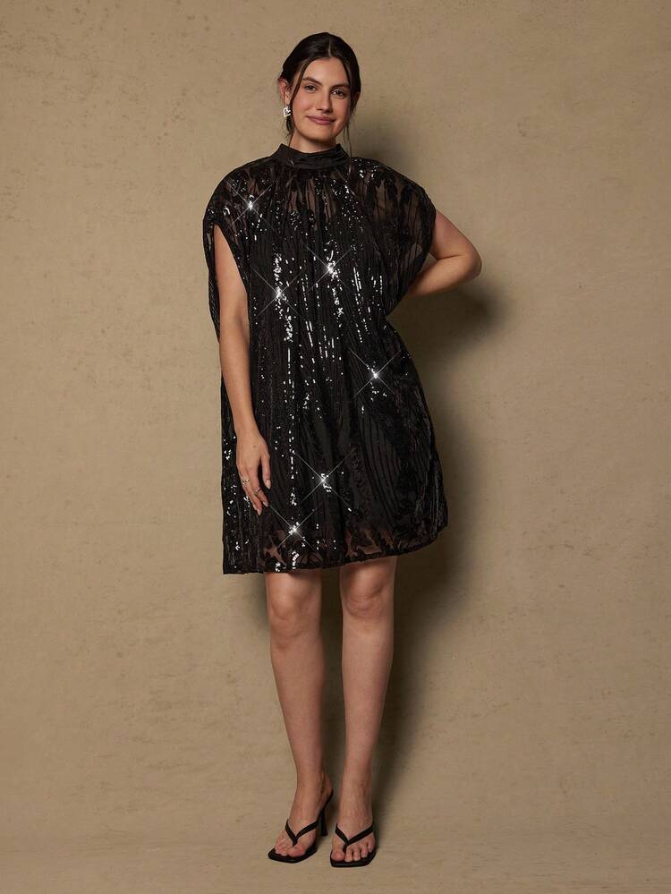 Freevana 大码浪漫派对 1920 年代斗篷式亮片闪亮女装，适合新年、圣诞节、假日等场合 - 黑色 - 查看 3