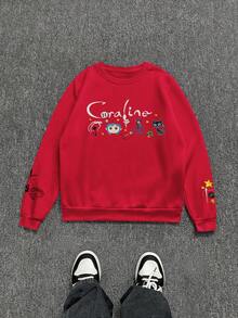 INAWLY Sudadera de cuello redondo de manga larga con estampado minimalista para mujer - Rojo - Ver 4