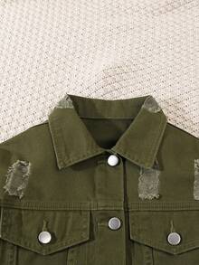 SHEIN Tween Girl Y2K Cute Pink Casual Distressed Cropped Jacket & Drawstring Waist Denim Mini Skirt 2-Piece Set Children Two Piece Jacket With Skirt 2 Piece Skirt Set For Girl Girls Jacket Skirt Set Green Kids Two Pieces Jacket With Skirt - Army Green - View 4