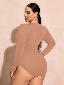 SHEIN Tall CURVE Plus Size Casual Solid Scoop Neck Bodysuit - Chocolate Brown - View 2