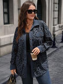 EMERY ROSE Plus Size Women Leopard Print Patchwork Shirt Style Jacket, Autumn/Winter - Blue - View 4