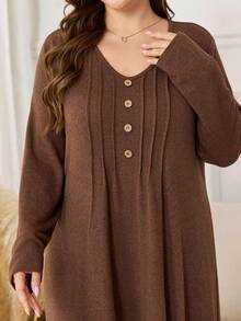Lacomfia 大码女式休闲宽松针织纹理前开襟长袖连衣裙，适合秋冬季节穿着。 - 棕色 - 查看 6