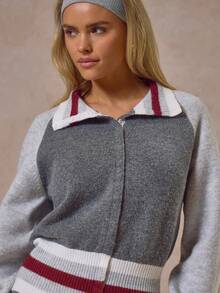 MUSERA Cardigan tricotat cu guler îngust, cu nervuri contrastante, stil streetwear, stil casual, tricotat, de zi cu zi, stil retro - Gri inchis - Vizualizare 2