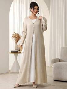 SHEIN Najma V领纽扣纹理面料肩部覆盖长袖女式长袍 - 杏色 - 查看 5