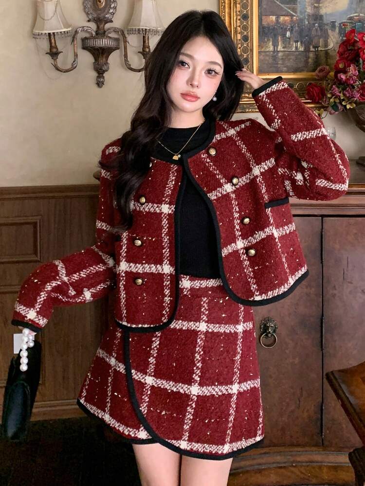 Women's Elegant Patterned Jacket And Skirt 2 Pieces Set, Autumn,New Year,Christmas