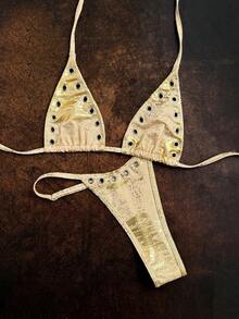 Swim SXY 新款闪亮镂空性感系带超细丁字裤比基尼套装，亮丽纯色，适合派对、春夏穿着 - 杏色 - 查看 7