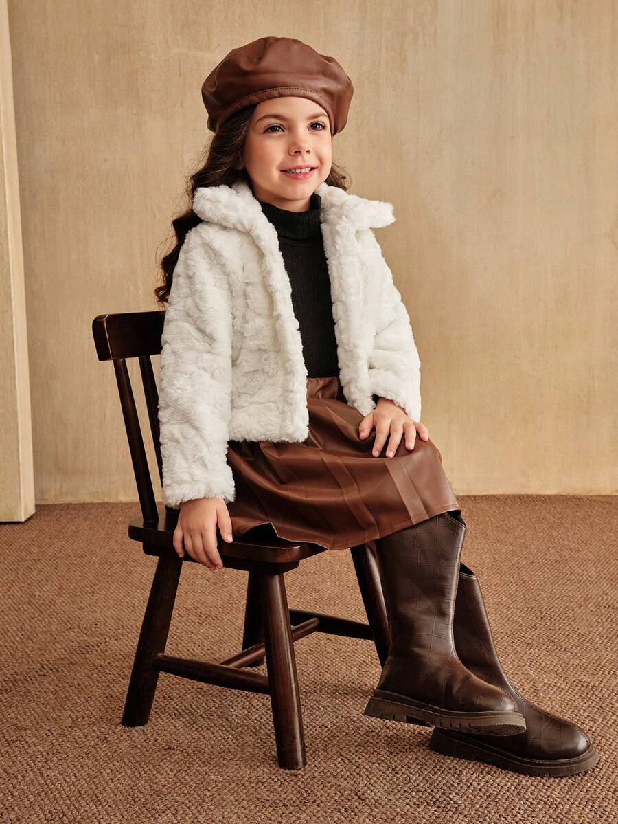SHEIN Young Girls Beige Faux Fur Long Sleeve Stand Collar Jacket, Fashionable, Warm, Versatile, Comfortable Winter Children Short Coat Fall - White - View 1