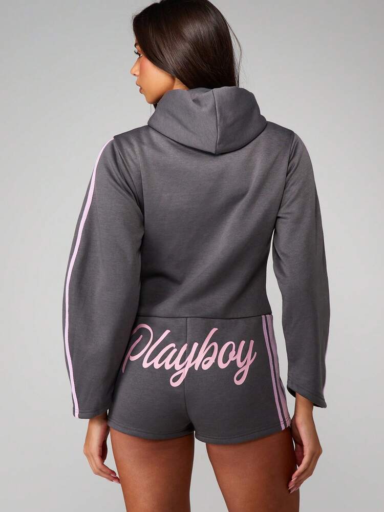 Missguided x Playboy Hooded Zip Up Romper With Logo For Casual Loungewear And Weekend Comfort