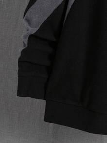 SHEIN 青少年男童/青少年男童休闲日常舒适拼接撞色刺绣圆领宽松套头抓绒卫衣 - 黑色 - 查看 7