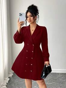 Elenzga 大码女式优雅长袖双排扣西装领连衣裙 - 酒紅色 - 查看 3