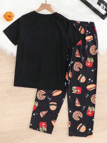 SHEIN Tween Boy Casual Minimalist Round Neck Short Sleeve T-Shirt And Hamburger Print Loose Pajama Pants 2 Pieces Sleepwear Set - Multicolor - View 4