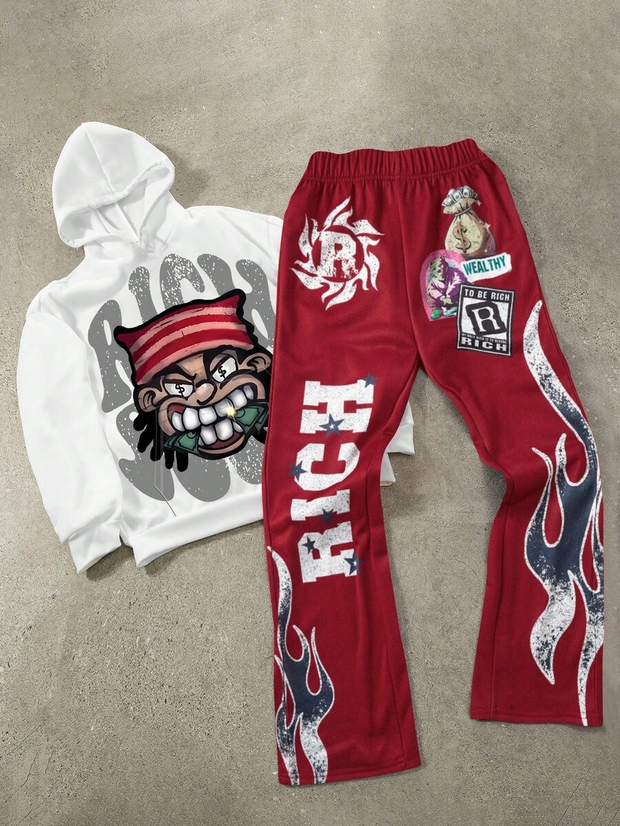 SHEIN 2 Stücke/Set Teenager Jungen Lässige Grafik Hoodie und Jogginghose Set