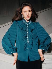 Anewsta Savoree Women's Elegant Beaded & Rhinestone Embellished Long Sleeve Blouse With Ruffled Hem, Emerald Green - Blue - View 3