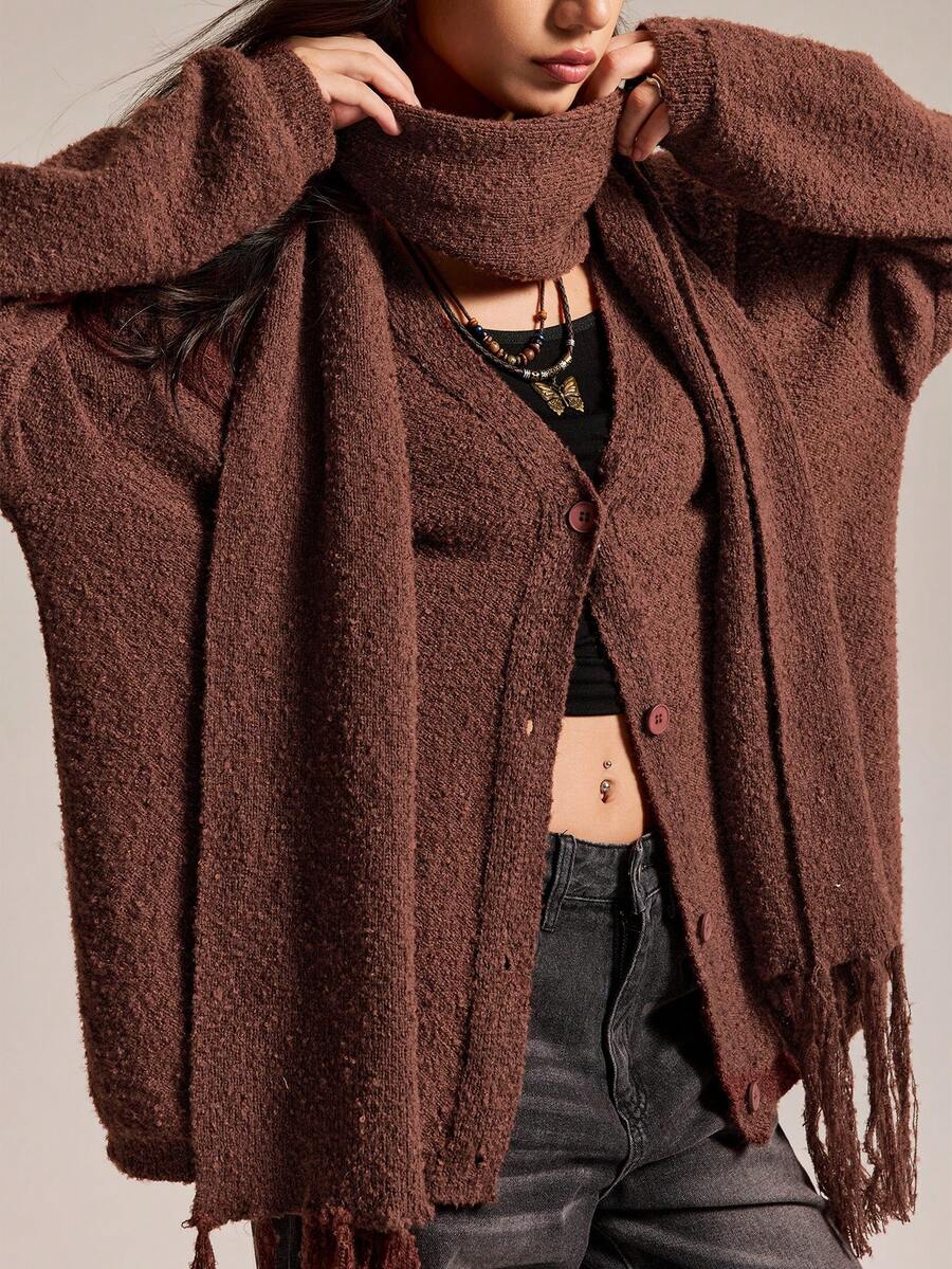 Easelle Vintage Casual Coffee Color Casual Loose Fit Long Sleeve Button Front Cardigan For Women Winter Clothes For Women New Year  Christmas - Coffee Brown - View 1