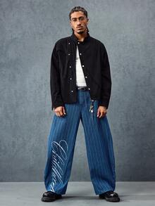 ROMWE MEN Prep Men's Casual Printed Striped Curved Hem Denim Jeans - Blue - View 7