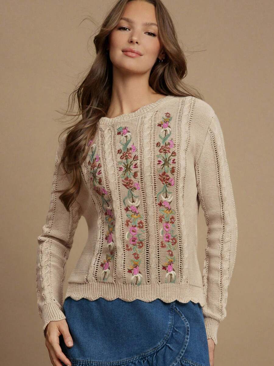 WESTFADE Floral Embroidered Cable Knit Crew Neck Long Sleeve Relaxed Knit Sweater - Apricot - View 1