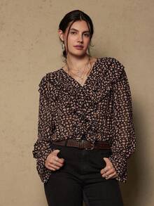Freevana Plus Size Elegant Vintage Polka Dot Black Ruffle Collar Long Sleeve Blouse - Black - View 1