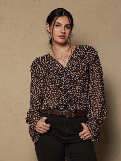 Freevana Bluză elegantă vintage cu buline negre, guler cu volane, mânecă lungă, mărime plus