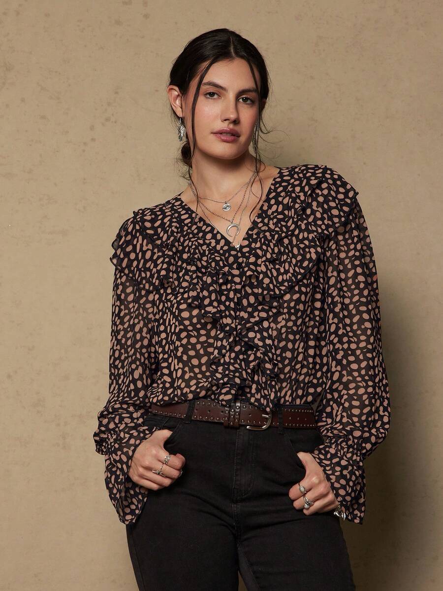 Freevana Plus Size Elegant Vintage Polka Dot Black Ruffle Collar Long Sleeve Blouse - Black - View 1