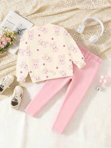 适合女孩的舒适秋冬款式 - 粉色猫咪印花圆领卫衣和打底裤两件套 - 彩色 - 查看 2