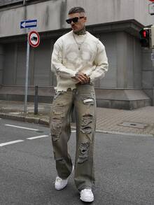 Artur Kramer ANDREILEE 男士骷髅印花做旧流苏圆领休闲毛衣，Emo 风格，适合秋冬 - 杏色 - 查看 5