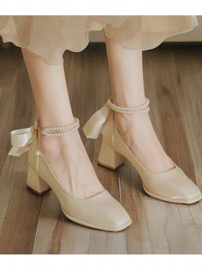 Zapatos de Tacón Grueso con Lazo de Perlas para Mujer, Tacones Elegantes de Punta Cuadrada, Cómodos y Versátiles, Ideales para Boda, Vestido de Noche o Fiesta    Women's chunky heel pumps with pearl bow, elegant square-toe high heels, comfortable and versatile shoes for wedding, evening dress or party)