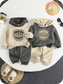 SHEIN 4pcs Baby Boy Cute Casual Sports Versatile Color Block Letter Graphic Hoodie & Joggers Tracksuit Set, Unisex Baby Winter Clothes Baby Boy Sweatsuit Baby Set Autumn Winter Season Baby Boy Winter Sets Baby Boy Fall Newborn Zipper Suit Baby Boy Hoodie Set  Fashion