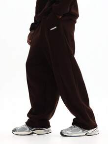 SUMWON 舒适宽松抓绒运动裤，弹性腰带，适合休闲居家穿着和日常穿着，纯色款 - 棕色 - 查看 3