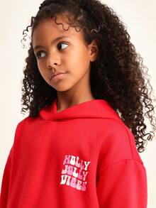 SUMWON Christmas Holly Jolly Vibes Hoodie For Tween Girls With Front Chest Print And Back Design - Red - View 3