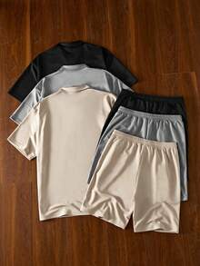 Manfinity VCAY Men's Knit Casual Daily Loose Short Sleeve T-Shirt And Elastic Waist Straight Leg Shorts Set, Multi-Piece Outfit - Multicolor - View 2