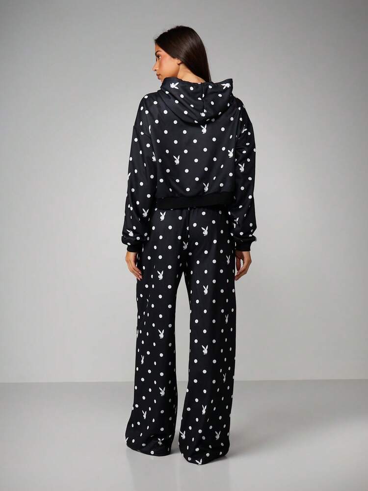 Missguided x Playboy Polka Dot Bunny Print Two Piece Hoodie Jogger Set With Zip Front And Drawstring