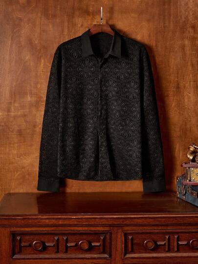 HIMLAND 男士休闲薄纱蕾丝长袖宽松衬衫，适合春、夏、秋季穿着；男士针织衬衫；丝绸佩斯利花纹衬衫；燕尾服挂毯衬衫；男士蕾丝衬衫；男士黑色图案夹克；寂静岭