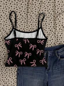 SHEIN EZwear Women's Casual Cute Leopard Bow Print Sexy Camisole Tank Top, Suitable For Summer - Black - View 3