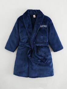 SHEIN 2 件套 Tween Boy 字母印花保暖内衬连帽睡袍，腰部系带，柔软舒适双面毛绒家居服睡衣套装 - 寶藍色 - 查看 1
