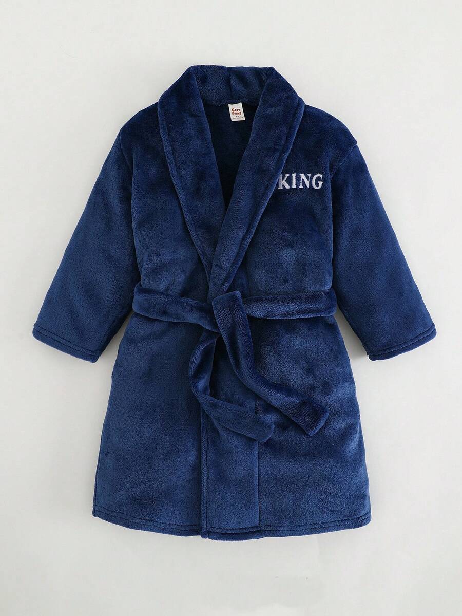 SHEIN 2 件套 Tween Boy 字母印花保暖内衬连帽睡袍，腰部系带，柔软舒适双面毛绒家居服睡衣套装 - 寶藍色 - 查看 1