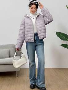 SHEIN 少女基础款灰色面料保暖绗缝短款连帽外套，冬季