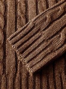 SHEIN Explorewe 少女骑士图案V领长袖休闲麻花针织毛衣，秋冬 - 棕色 - 查看 3