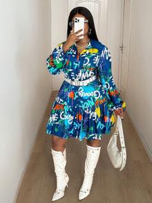 Maweii Plus Size Women Vintage Street Style Full Print Waist Cinched Dresswinter Christmas Summer Party Elegant New Year - Multicolor - View 4