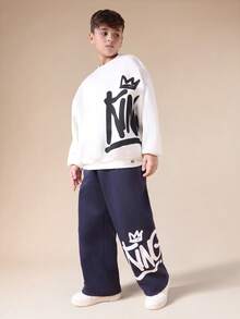 Bộ đồ thể thao SUMWON dành cho bé trai, gồm áo nỉ và quần jogger in hình vương miện, thích hợp mặc mùa đông và đi nghỉ mát. - trắng - Xem 1