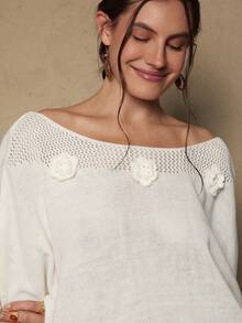 Freevana 大码女式纯色蝙蝠袖花卉装饰优雅套头毛衣 - 白色 - 查看 2